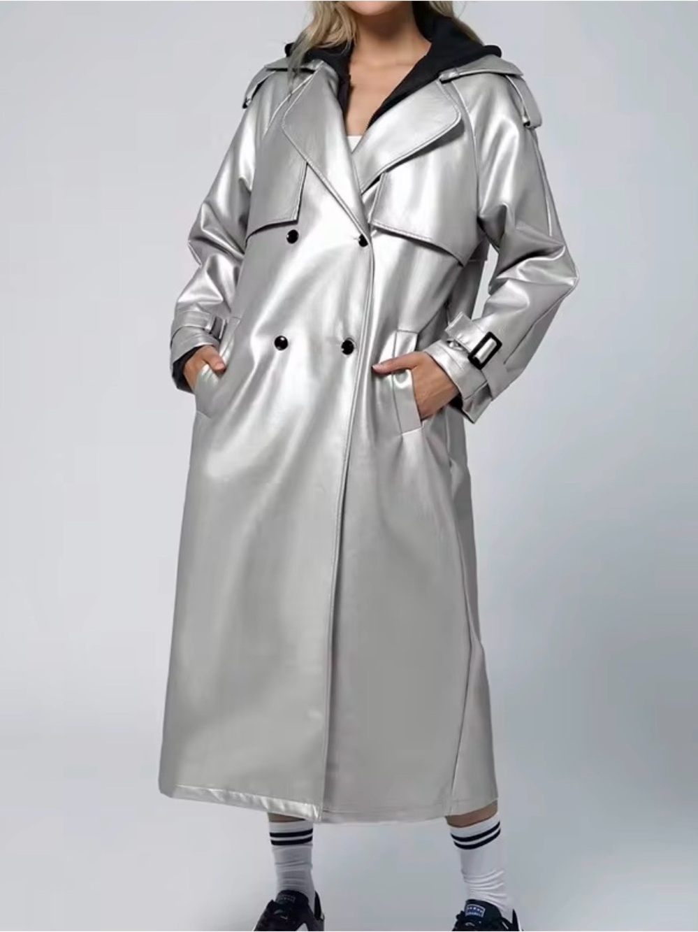 Women’s Metallic Silver Trench Coat with Hood (size medium)